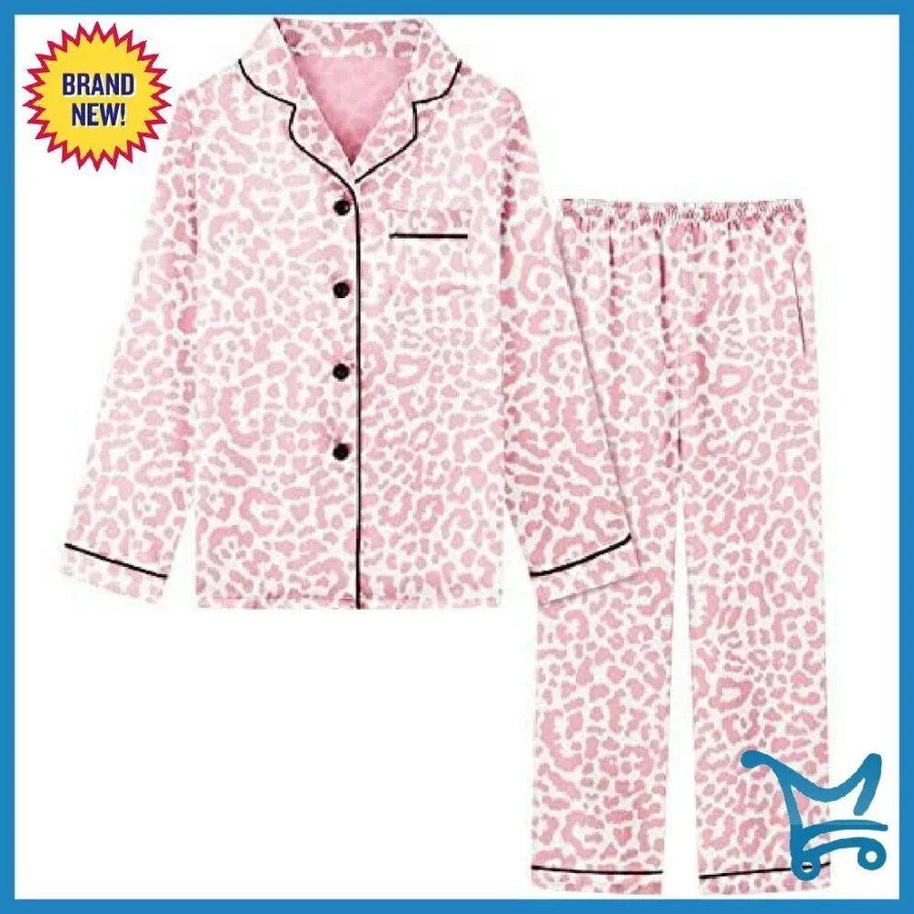 Satin Pajama Set, Button-Down Long Sleeve, Elastic Waist, Women's Sleepwear
